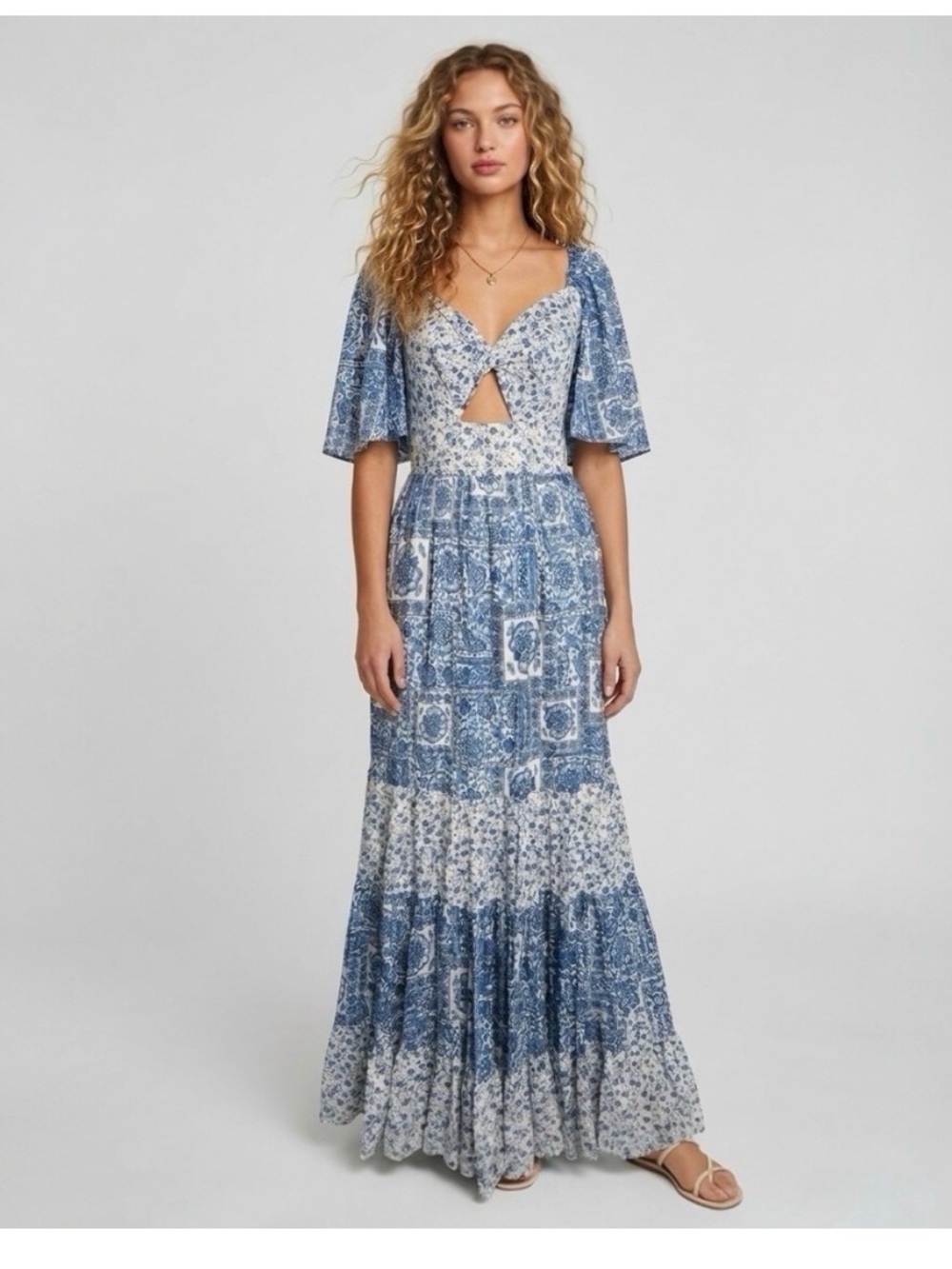 Abercrombie & Fitch Blue Printed Tie-Front Maxi Dress L